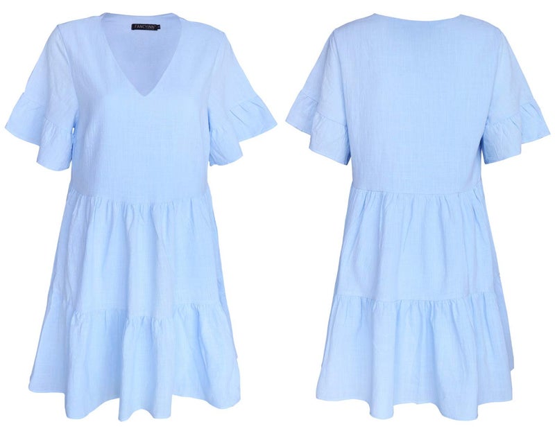 FANCYINN Womenâ€™s Sweet Shift Tunic Dress Short Bell Sleeve V Neck Causal Swing Red Ruffle Mini Dress with Pockets Light Blue L - Image 5